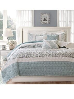 Light Blue and White Quilted Bedspread Set - Home Bedding